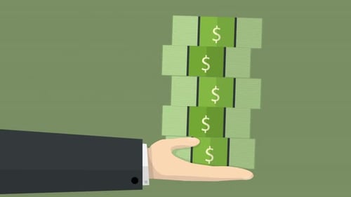 Animated Hand Stacking Dollar Bills in Flat Design