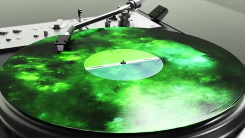 Disco de vinilo con temática de nebulosa verde etérea que gira con gracia sobre un tocadiscos elegante y moderno que se transforma