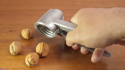 61s. Walnuts are split with a nutcracker. Kitchen appliances for work in the kitchen.