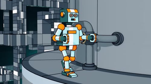 Robot rodeado de una ciudad tecnológica