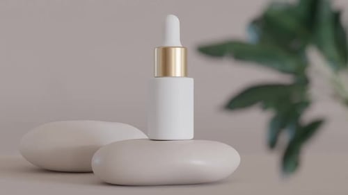 Cosmetic Dropper Bottle Product Display with Natural Stones and Plant