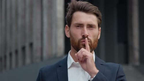 Portrait Caucasian Business Man Showing Silence Gesture Hush Sign Mature Businessman in City Male