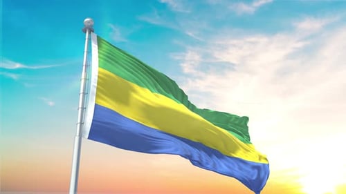 Gabon National Flag Waving in Realistic Sky Animation