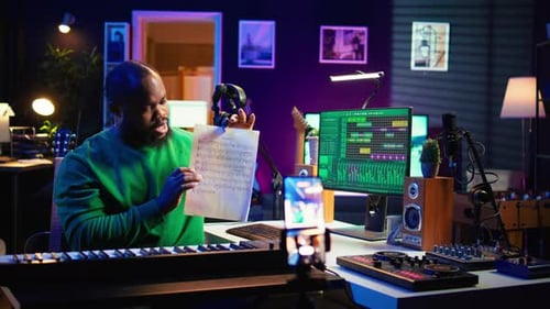 Musician Plays Music in Music Studio