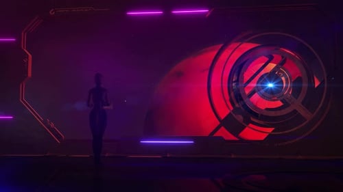 Futuristic Sci-Fi Space Station View with Animated UI and Planet