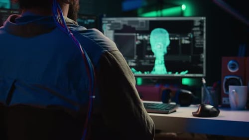 Man Merging Mind with AI Uploading Consciousness Trying to Become Cyborg