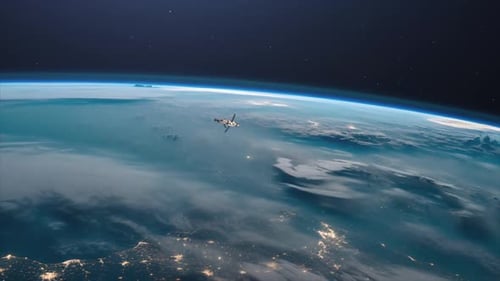 Ein Blick auf die Erde und ein Raumschiff Die Internationale Raumstation umkreist den Erdsatelliten in