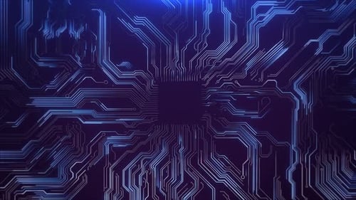 3D Animation of Digital Chip Central Computer Processors CPU Motherboard Technology Hud Background