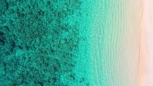 Drohnenaufnahme ruhiger türkisfarbener Wellen und eines tropischen Sandstrandes aus der Luft.