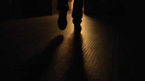 Silhouette Walks Down Dark, Patterned Hallway at Night