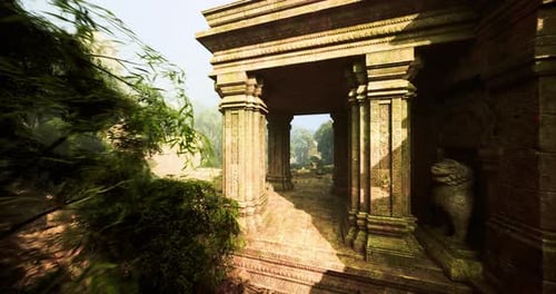 Sundrenched Temple Porch Featuring Guardian Statues and Weathered Carvings