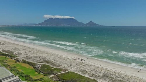 Drone shot of a kitesurf event at Blouberg with Cape Town in the background.