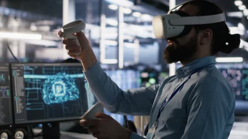 Data Center Technician Using VR Headset to Monitor Neural Networks