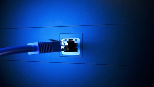 Conmutador de Internet con cables Ethernet conectados. Concepto de tecnología blockchain. VPN. DPI.