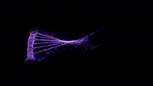 Glowing Purple DNA Helix Forming in Abstract Particles