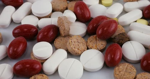 Pharmacy background. Tablets and pills. Medicine and healthy. Close up of capsules.