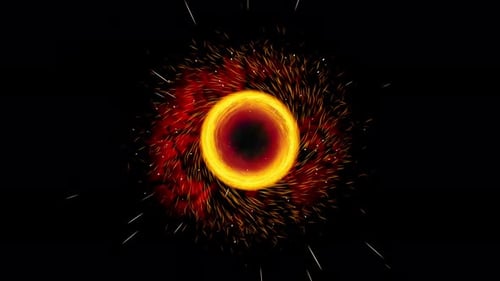 Trou noir brillant avec des particules de feu et un disque d'accrétion dans l'espace lointain