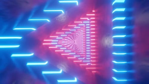 Camera move in a neon triangular tunnel. Triangular metal tunnel. Camera movement in a triangular tu