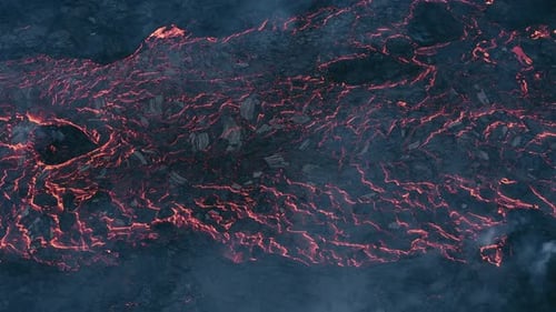 Above lava field flowing on earths crust with top layer solidifying and cracked