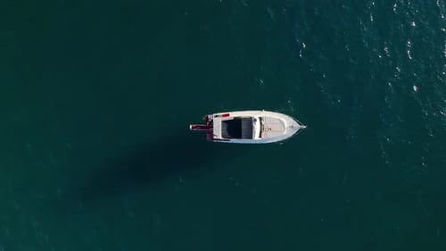 Aerial Drone Tracking Top Down Video of Yacht Cruising in Deep Blue Open Ocean Sea