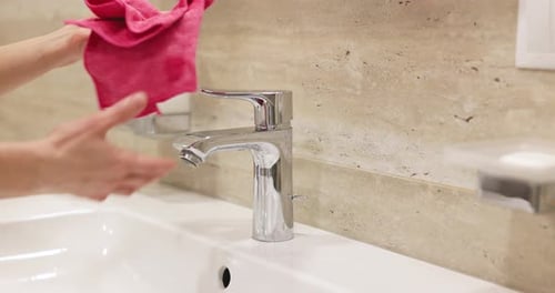 Close Up of Woman Cleaning Faucet in Bathroom