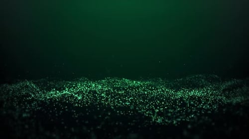 Glowing blue dust particles oscillate. Green cyberspace particle. Dark green background Mint fresh