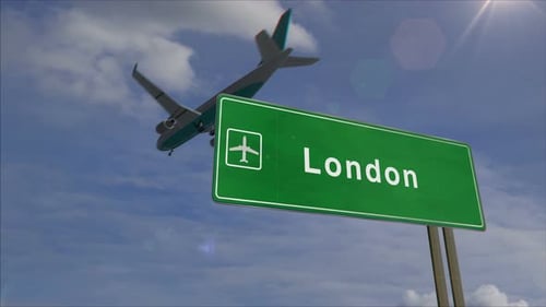 Airplane landing arrival in London England UK