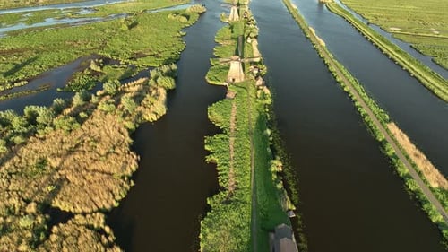 Netherlands. An aerial view of the windmill. Kinderdijk national park. View from a drone.