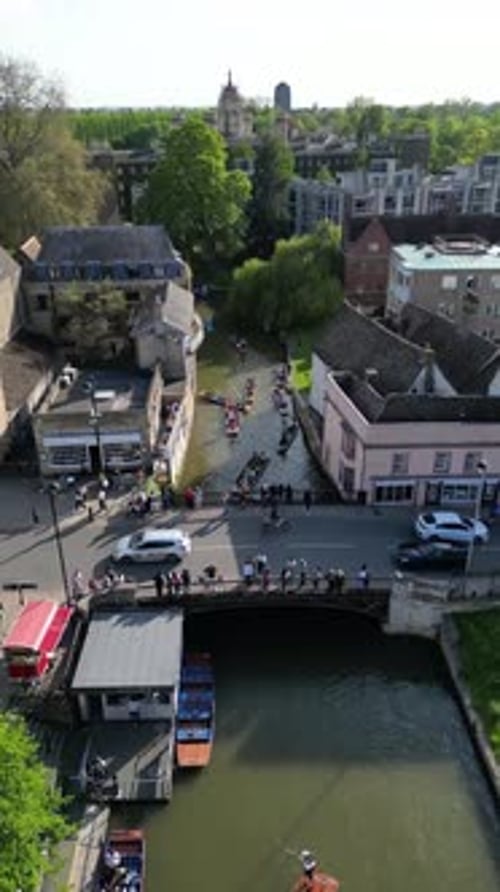 Aerial video of the River Cam and city streets in Cambridge UK