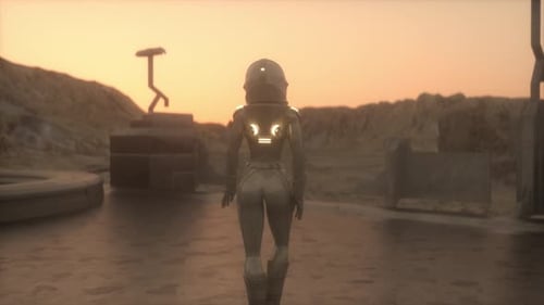 Astronaut in Spacesuit Walk Toward Research Station Colony or Scientific Base on Mars Futuristic