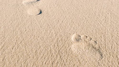 Footprints in the Sand on the Beach The Camera Follows Footprints in a Large Sand Dune on the