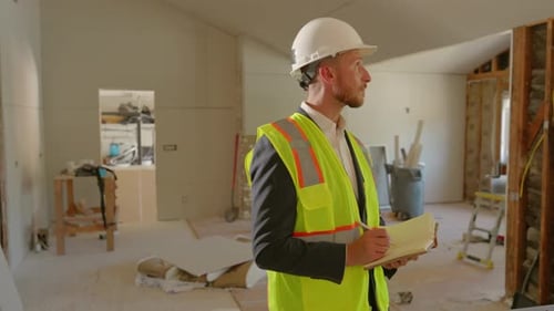Man Inspecting Home Construction Site Taking Notes