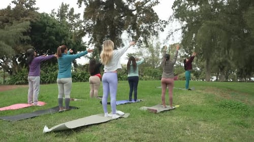 Multi generational women doing yoga exercises outdoor at city park