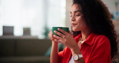 Business, smile and woman in office, coffee and latte for wellness break, calm and smell