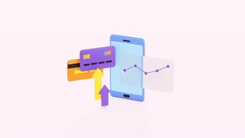Bank credit or debit cards, graph and Smartphone animation. Diagram and arrows. 3d render