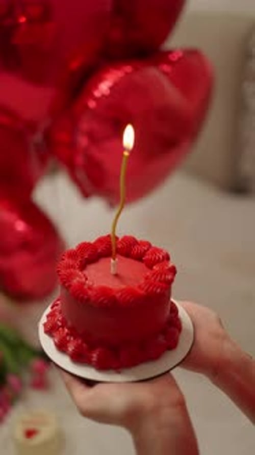 Miniature Cake with Candle and Heart Balloons