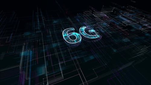 Dark blue particle 6G logo with data transfer concept and connection technology