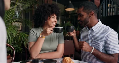 Friends, cheers and coffee in restaurant with talking, bonding together
