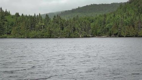 Still Lake Surrounded by Rolling Green Forested Hills