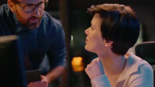 Business Man Woman Working Computer Together in Night Evening Office Businessman Businesswoman