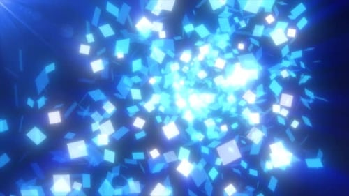 Abstract flying small blue glowing glass squares shiny energetic magical on a dark background.