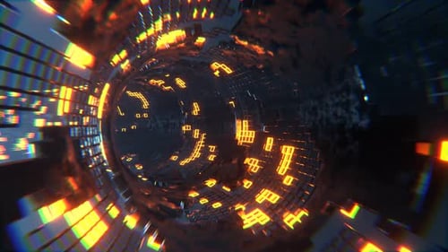 Blue And Orange Sci Fi Torus Tunnel Elements Neon Grid Background VJ Loop l 4K