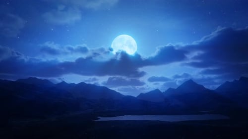 Night Sky with Full Moon and Clouds Over Mountains