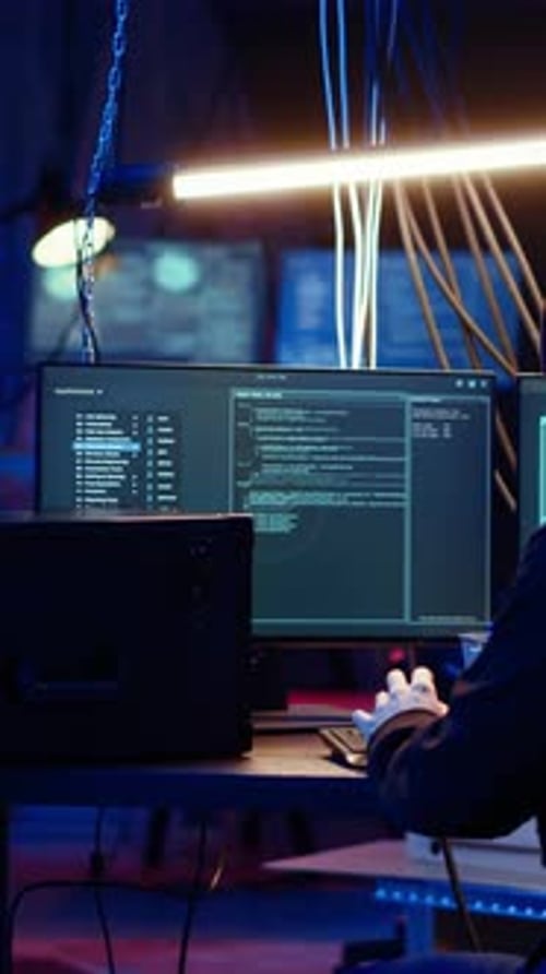 Vertical Video Hacker Leaving Secret Underground Base with SSD in Briefcase