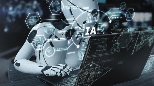 Futuristic AI Robot Working on Laptop with Digital Interface