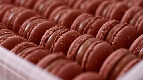 Brown sweet french macaron cakes with chocolate topping in row on the cafe display. Sets of desserts