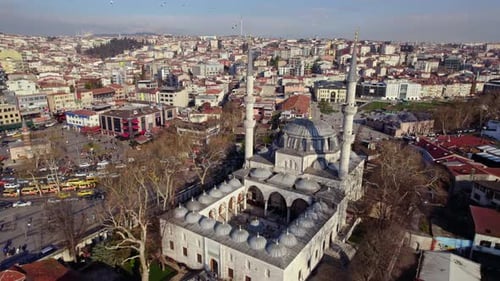 Aerial View of Historic Mosque and Busy Urban Traffic in Istanbul