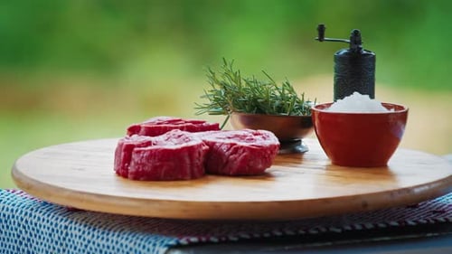 BBQ in the garden. Filet mignon rotates on the table with bbq seasonings, salt pepper, rosemary.