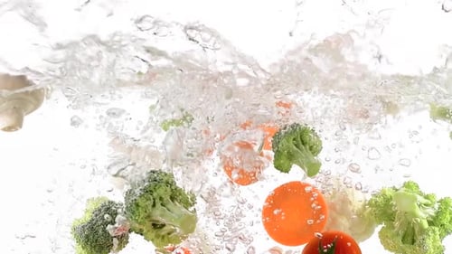 Vegetables and Mushrooms Falling Into Water