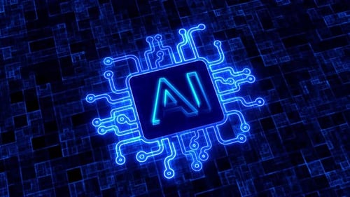 Futuristic Blue Glowing AI Microchip Technology Loop Background